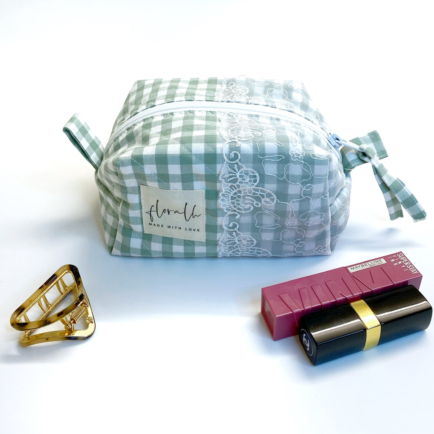 Necessaire Flora Vichy hellgrün/weiss mit Spitze MINI
