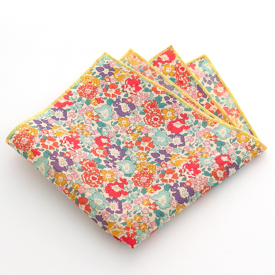 Einstecktuch 28x28cm Blumen bunt, retro, gelber Rand