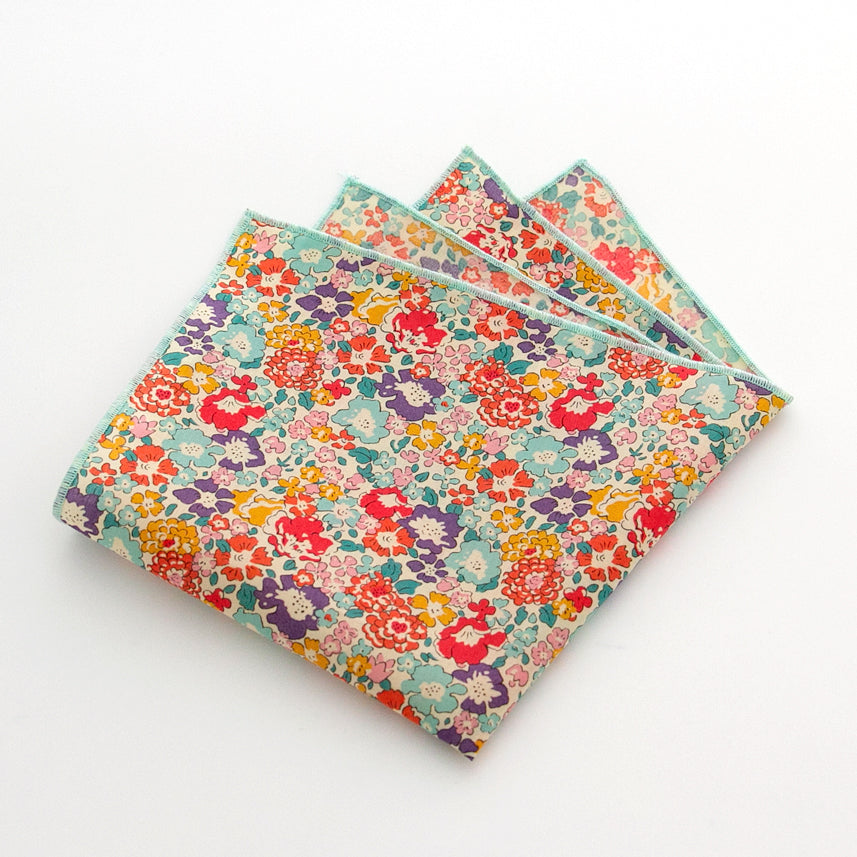 Einstecktuch 25x25cm Blumen bunt, retro, mintfarbener Rand